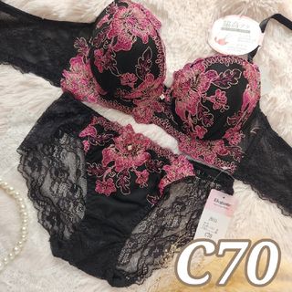 №342【C70】フローラルリュクス育乳脇高ブラジャー&バック透ショーツ(ブラ&ショーツセット)