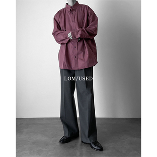 XL 赤紫 リラックスフィット ストライプシャツ 長袖 古着 メンズ(シャツ)