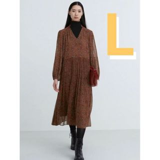 ユニクロ(UNIQLO)のユニクロC  UNIQLO シフォンプリーツワンピース 茶 L ブラウン(その他)