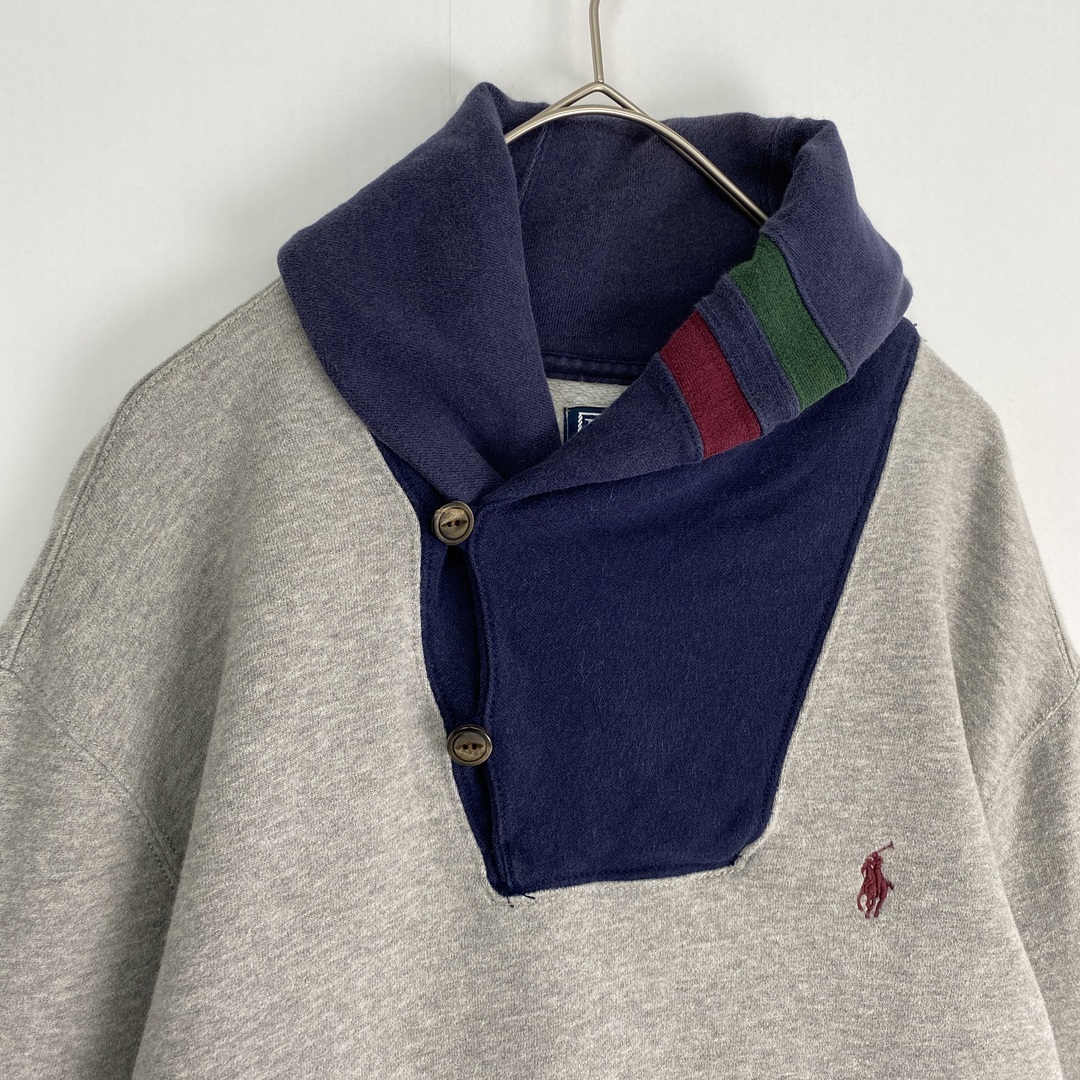 POLO RALPH LAUREN(ポロラルフローレン)の【スウェット　ワンポイント刺しゅう　ショールカラー　グレー　ネイビー　古着】 メンズのトップス(スウェット)の商品写真