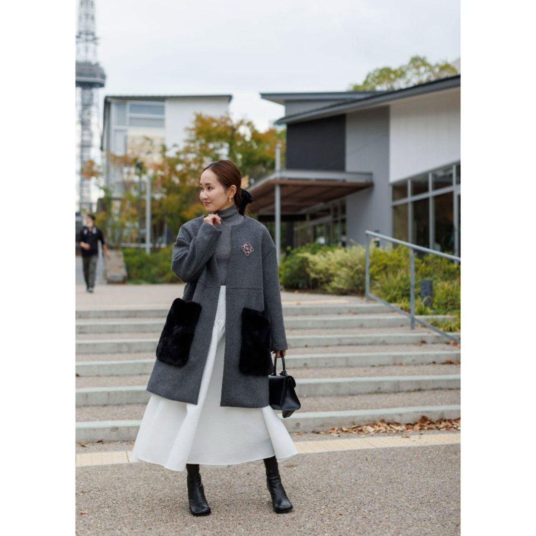 Bluelea ブルレア　Fur pocket coat ファーポケット　コートグレーサイズ