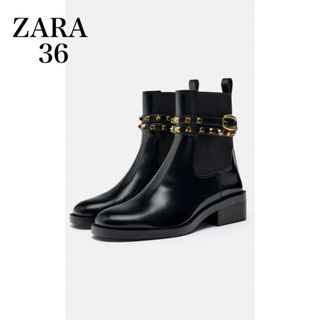 【新品】ZARA スタッズストラップアンクルブーツ サイドゴアブーツ 39