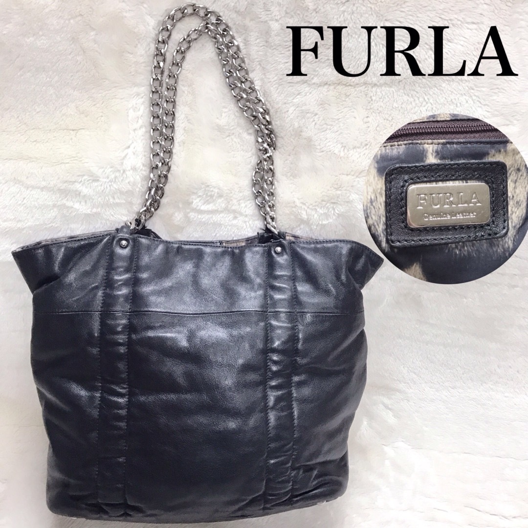 Furla(フルラ)の大容量 FURLA オールレザー チェーン トートバッグ ショルダーバッグ 黒 レディースのバッグ(トートバッグ)の商品写真