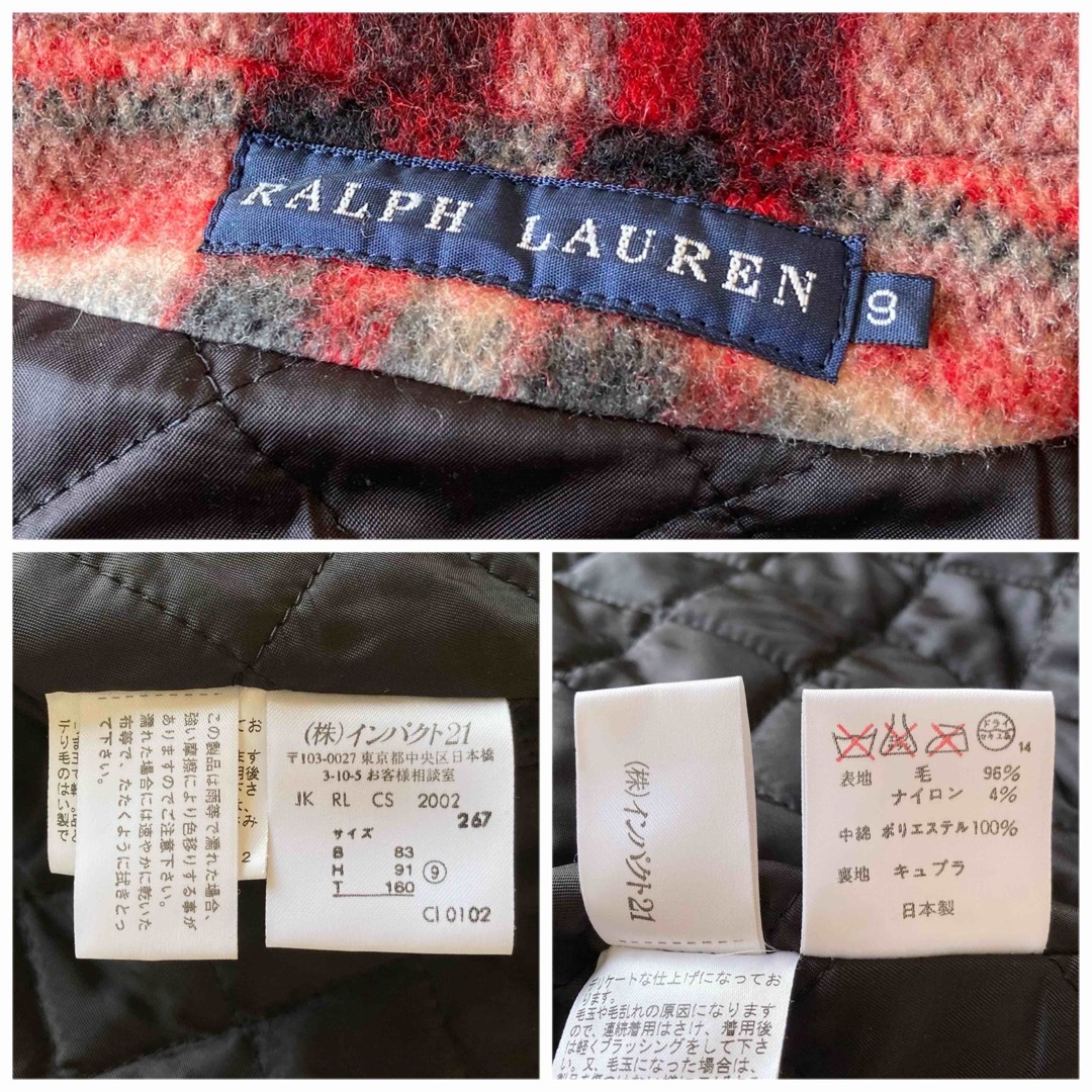 Ralph Lauren(ラルフローレン)のラルフローレン チェック ウール ダブルジャケット ショート Pコート 9 赤 レディースのジャケット/アウター(ピーコート)の商品写真