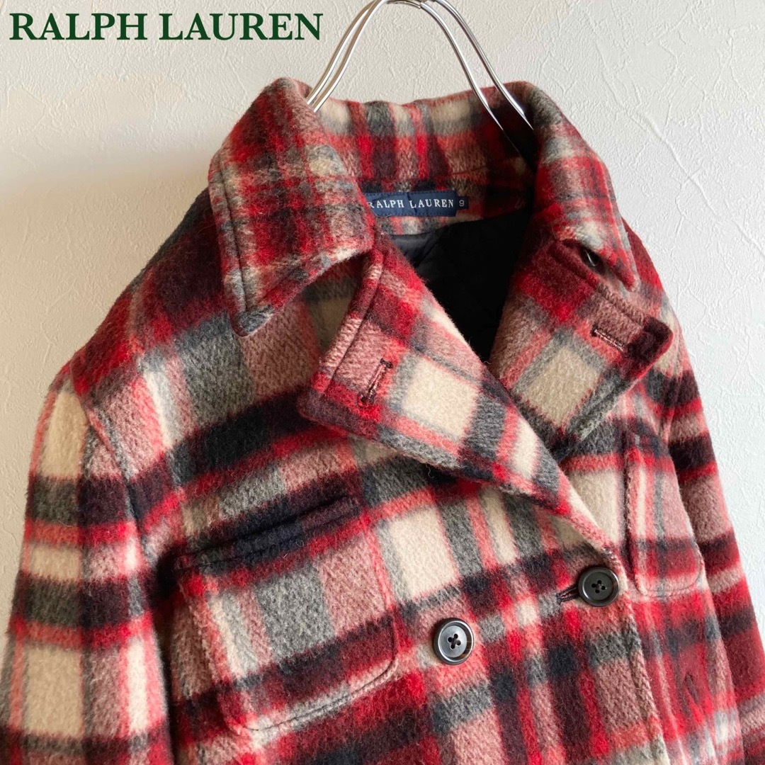 Ralph Lauren(ラルフローレン)のラルフローレン チェック ウール ダブルジャケット ショート Pコート 9 赤 レディースのジャケット/アウター(ピーコート)の商品写真