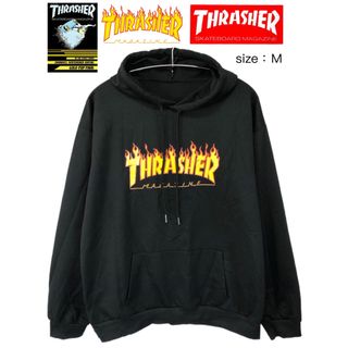 スラッシャー(THRASHER)のTHRASHER MAGAZINE　パーカー　M　黒　USA古着(パーカー)