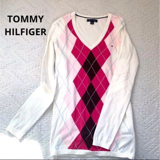 トミーヒルフィガー(TOMMY HILFIGER)のTOMMY HILFIGER ニット　薄手　アーガイル　S〜M　ホワイト(ニット/セーター)