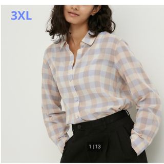 ユニクロ(UNIQLO)のUNIQLO コットンシアーチェックシャツ 3XL ベージュ レディース(シャツ/ブラウス(長袖/七分))