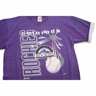 90s USA製 MLB COLORADO ROCKIES ロッキーズ コットンTシャツ 紫 XL★オールド スポーツ ベースボール 野球 オーバーサイズ ビッグサイズ(Tシャツ/カットソー(半袖/袖なし))