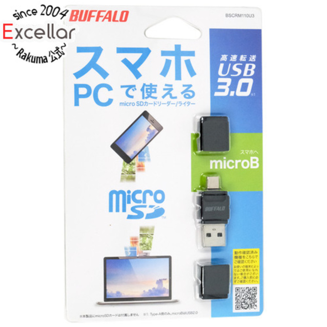 Buffalo(バッファロー)のBUFFALO カードリーダー/ライター BSCRM110U3BK USB/microUSB microSD ブラック スマホ/家電/カメラのPC/タブレット(PC周辺機器)の商品写真