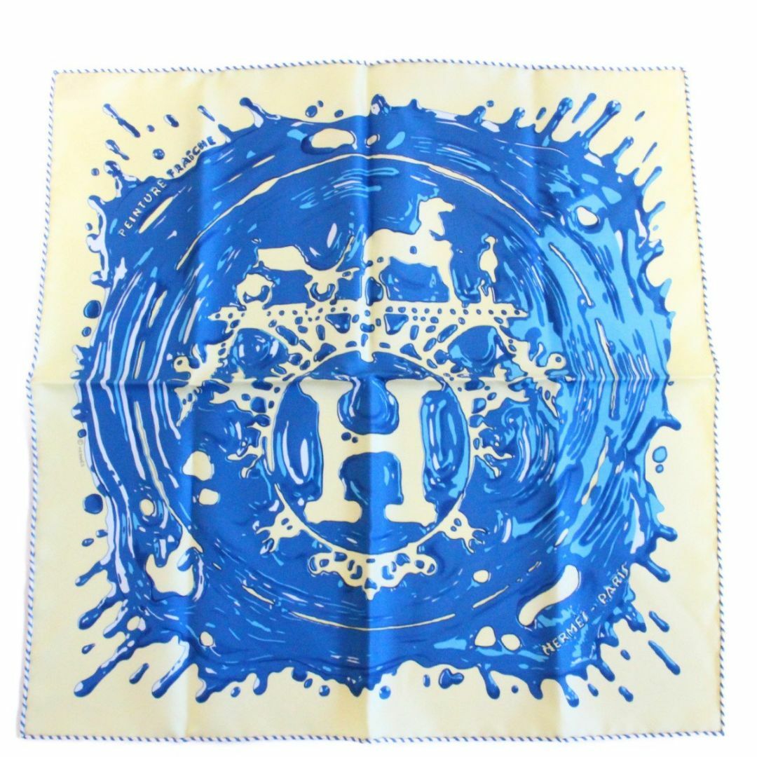 【美品】HERMES エルメス カレ プチカレ 45 スカーフ Peinture Fraiche ペンキ塗りたて イエロー×ブルー系 シルク100％シルク100％カラー