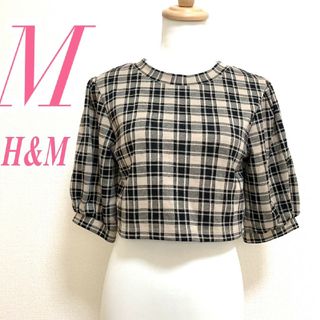 エイチアンドエム(H&M)のDIVIDED H&M　カットソー　M　ベージュ　ブラック　チェック　ショート丈(カットソー(半袖/袖なし))