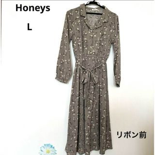 ハニーズ(HONEYS)のHoneys 花柄長袖ワンピース　L  グレー系(ロングワンピース/マキシワンピース)