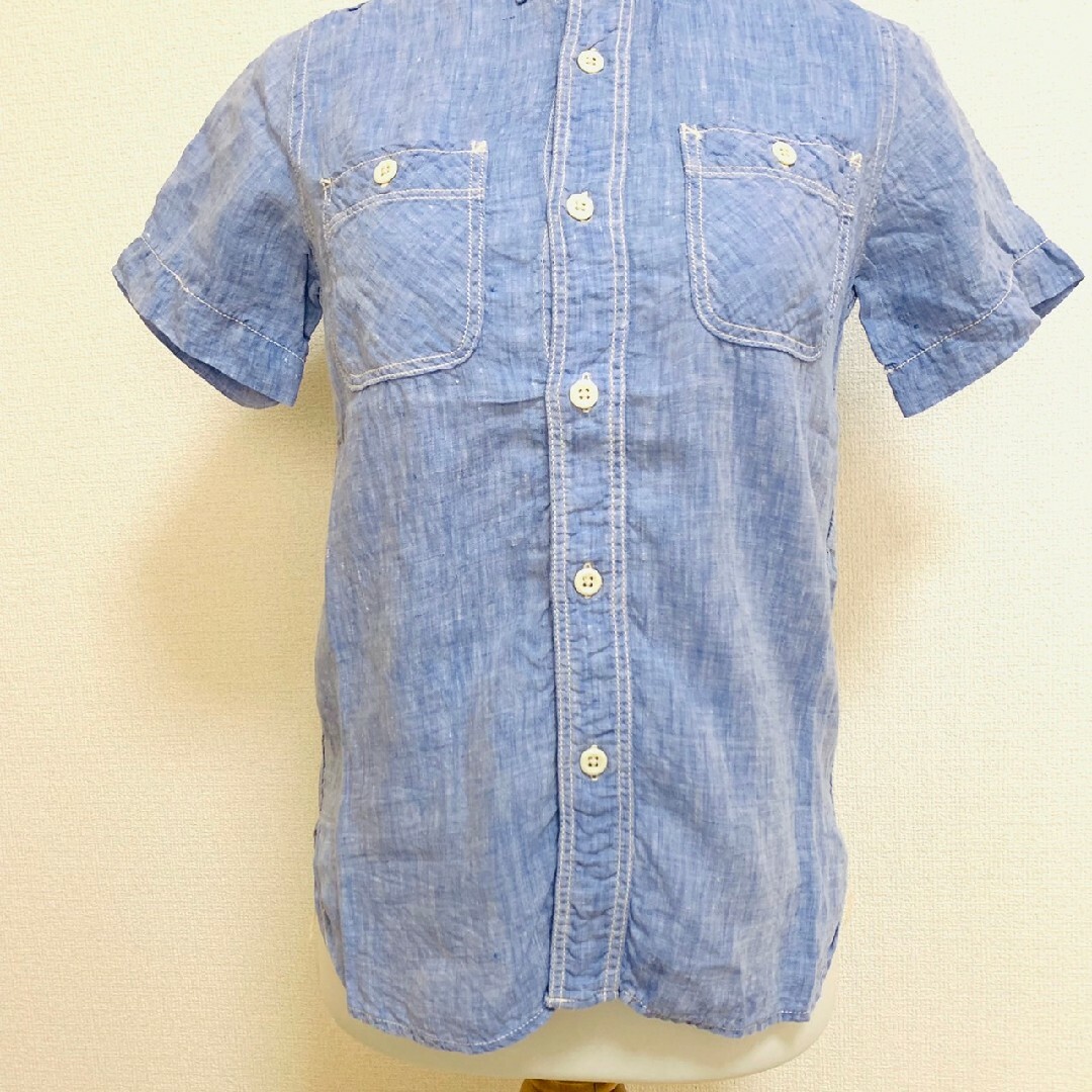 OMNIGOD(オムニゴッド)のオムニゴッド　半袖シャツ　M　ブルー　カジュアル　夏　麻100% レディースのトップス(シャツ/ブラウス(半袖/袖なし))の商品写真