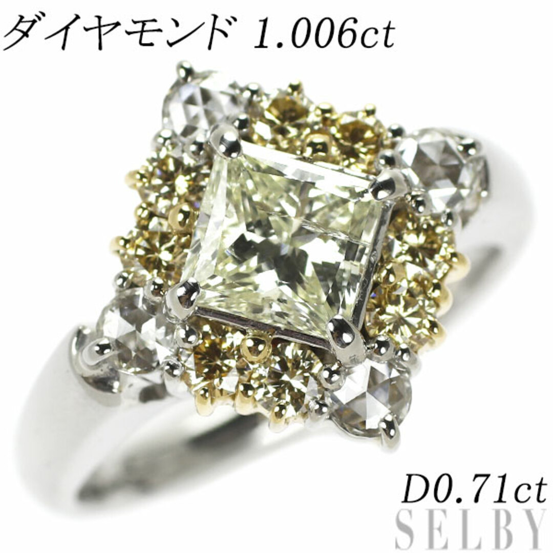K18YG/Pt900 プリンセスカットダイヤ ダイヤモンド リング 1.006ct D0.71ctレディース