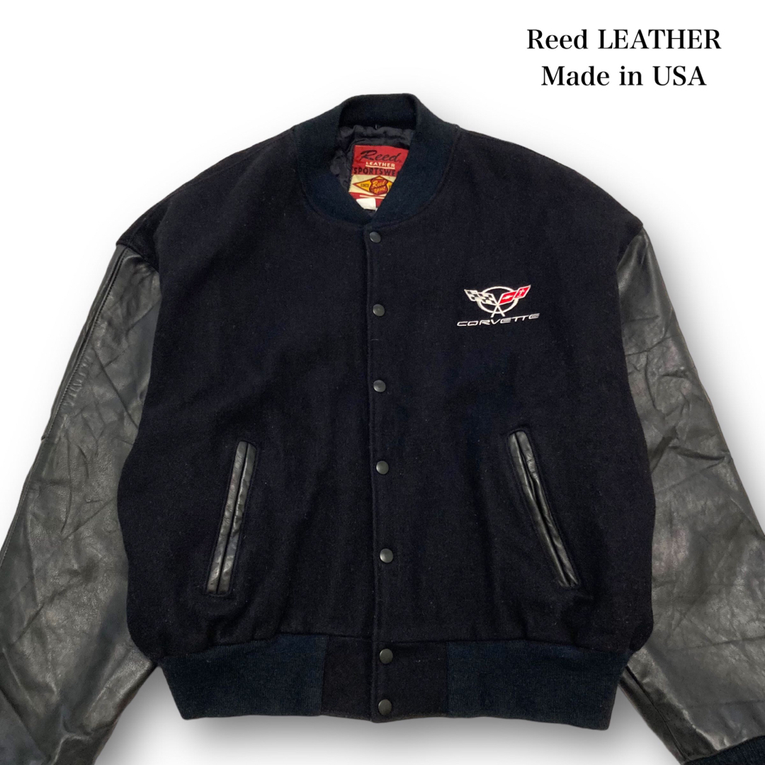 【Reed leather】USA製 袖レザースタジャン シボレーコルベット 黒ブランドReedLEATHER