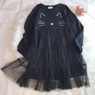 シューラルー(SHOO・LA・RUE)のキッズ服 子供服 女の子 シューラルー ネコチュールワンピース 黒 サイズ110(ワンピース)