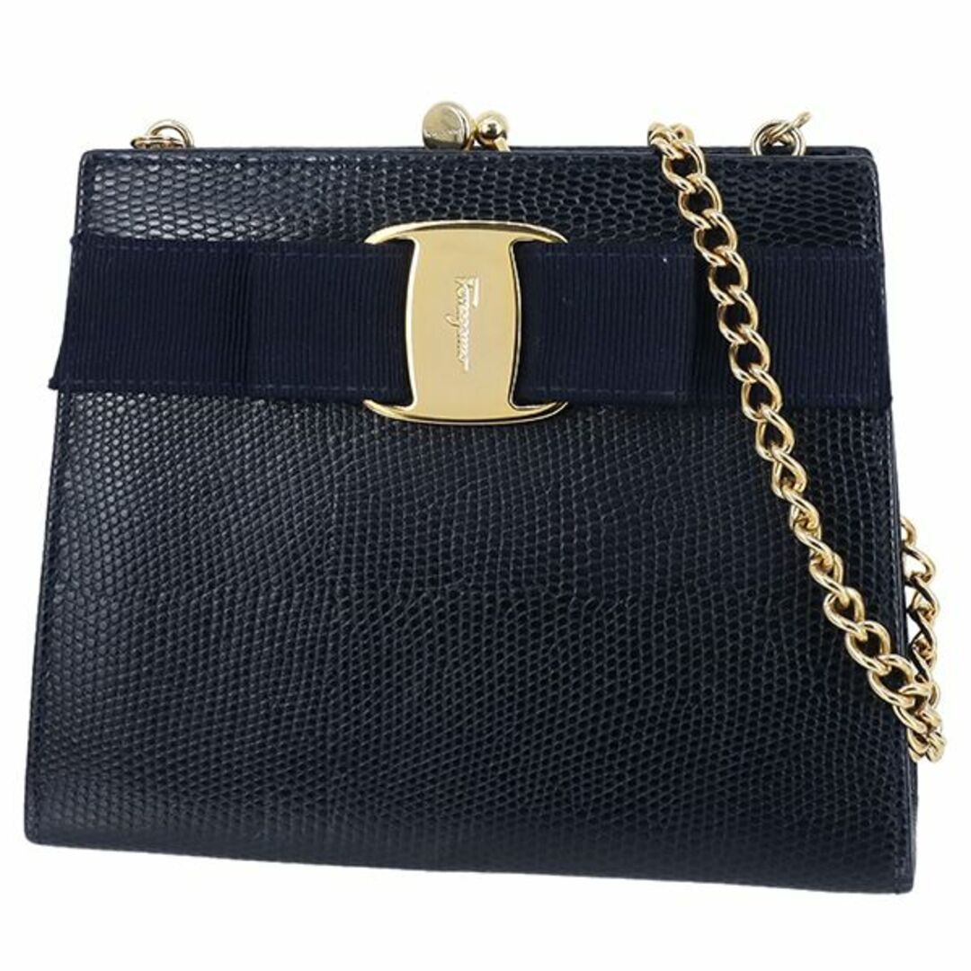 Salvatore Ferragamo - フェラガモ ヴァラ チェーンショルダーバッグ がま口 リザード型押しレザー ネイビー ゴールド レディース ヴィンテージ 新品同様 3117