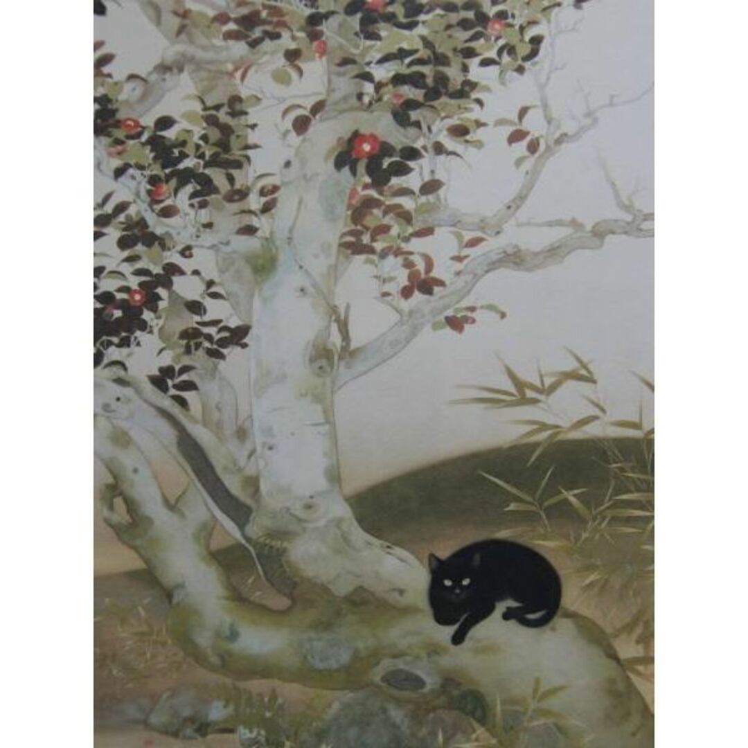 絵画/タペストリー稲葉春生、老椿黒猫、希少画集画、新品額装付