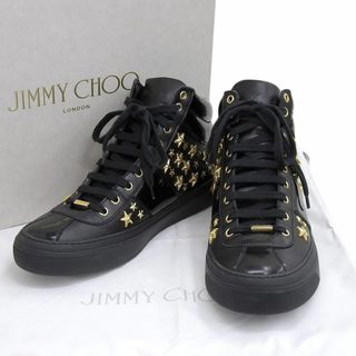 ジミーチュウ(JIMMY CHOO)の【本物保証】 箱・布袋付 ジミーチュウ JIMMY CHOO ハイカットスニーカー スタースタッズ 靴 レザー エナメル ブラック ゴールド 42 メンズ(スニーカー)