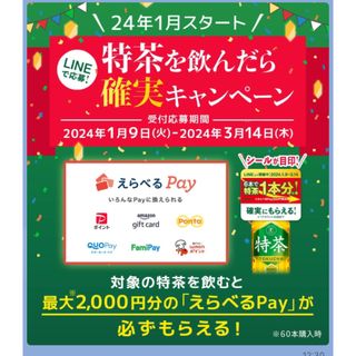 サントリー(サントリー)のサントリー特茶 必ずもらえる選べるpay      １０００円分(ノベルティグッズ)