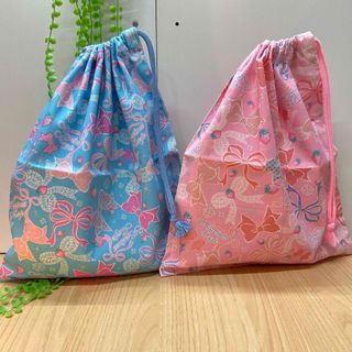 2つから ラメリボンいちご柄【体操着袋】w30×35cm 女の子 小学校 幼稚園(体操着入れ)