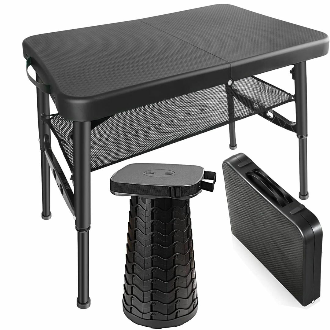 アウトドア【色: テーブル・チェアセット/黒】BIKYO 折りたたみテーブルセット チェア