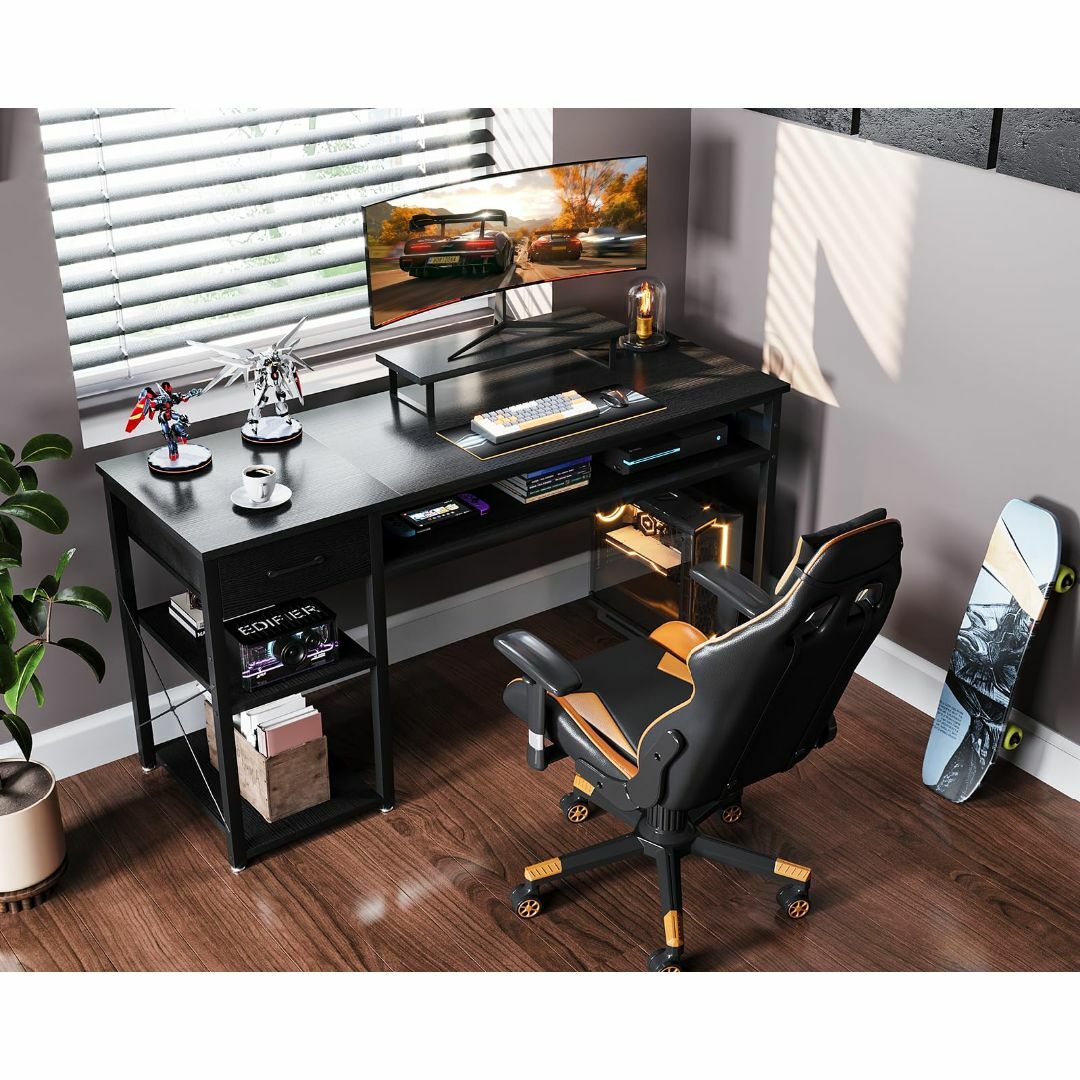 オフィス家具【色: ブラック】KKL デスク パソコンデスク ラック付き ゲーミングデスク