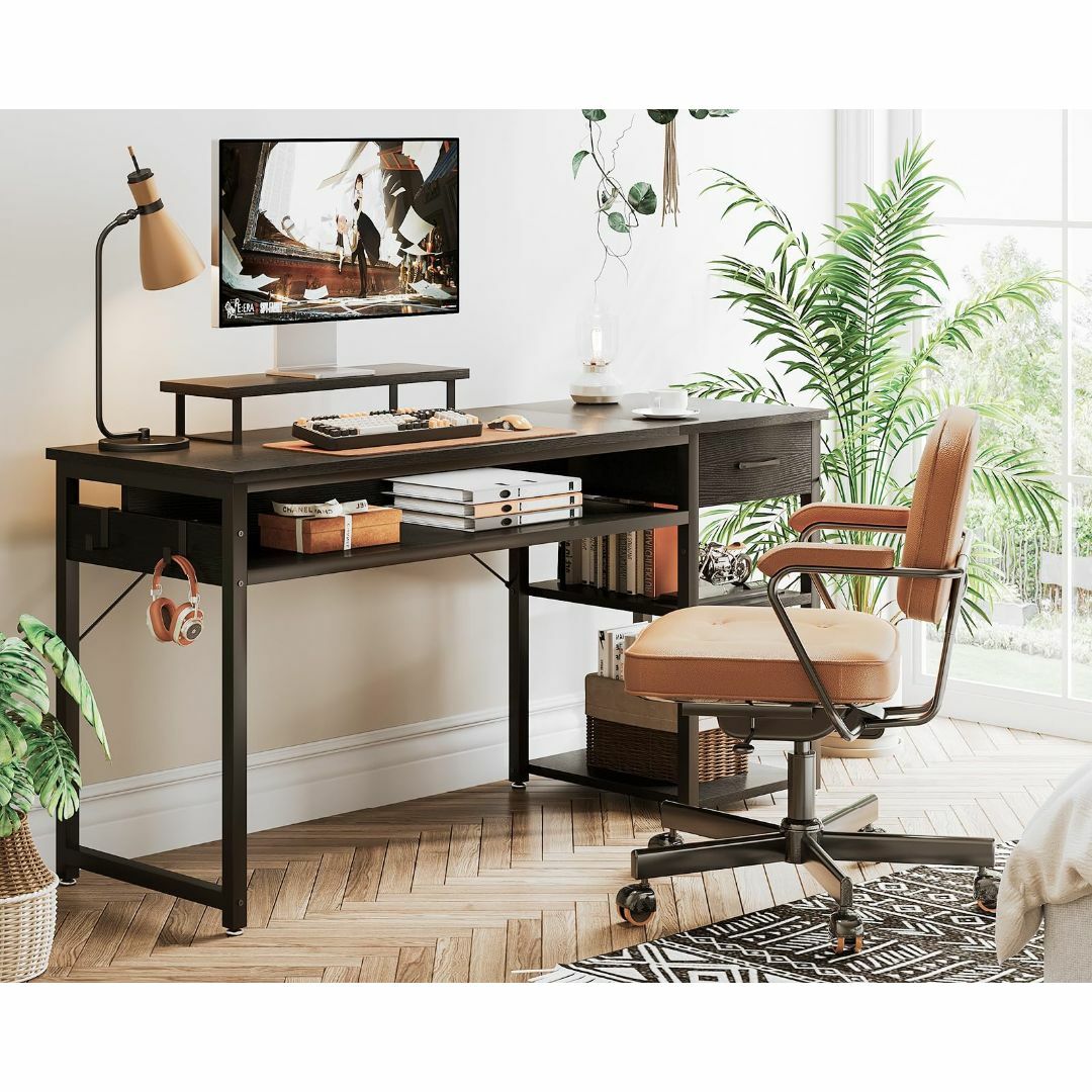 オフィス家具【色: ブラック】KKL デスク パソコンデスク ラック付き ゲーミングデスク
