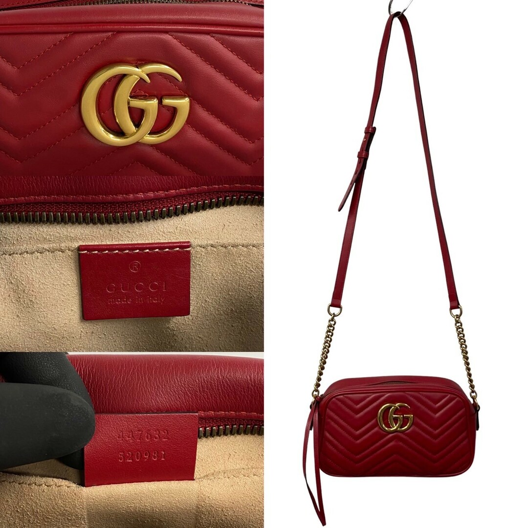 Gucci(グッチ)の極 美品 レア GUCCI グッチ ロゴ GGマーモント レザー 本革 チェーン ミニ ショルダーバッグ ポシェット サコッシュ レッド 24209 レディースのバッグ(ショルダーバッグ)の商品写真