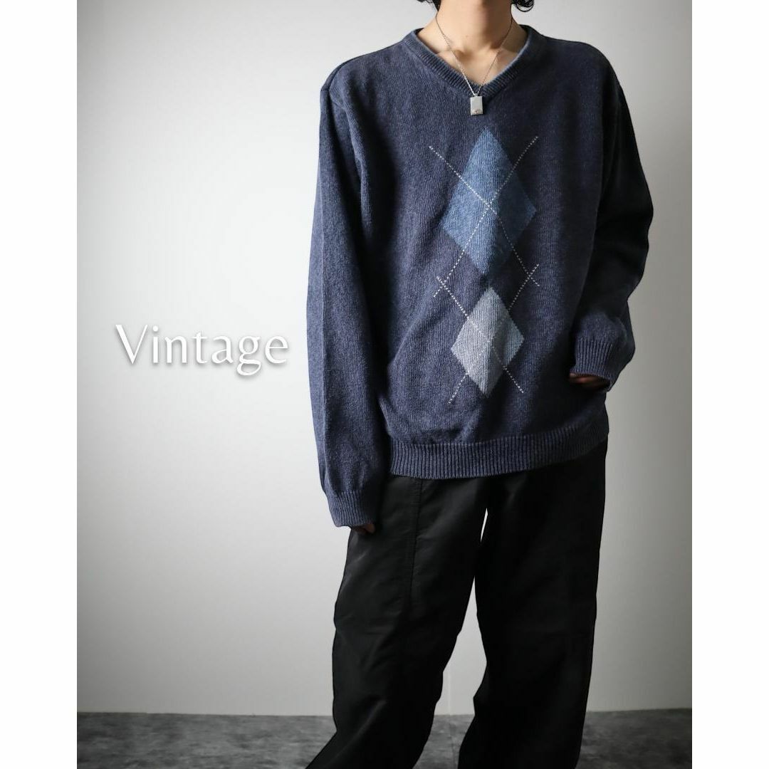 【vintage】アーガイル柄 Vネック 麻×綿 ルーズ ニット セーター XL古着屋arie✿K308