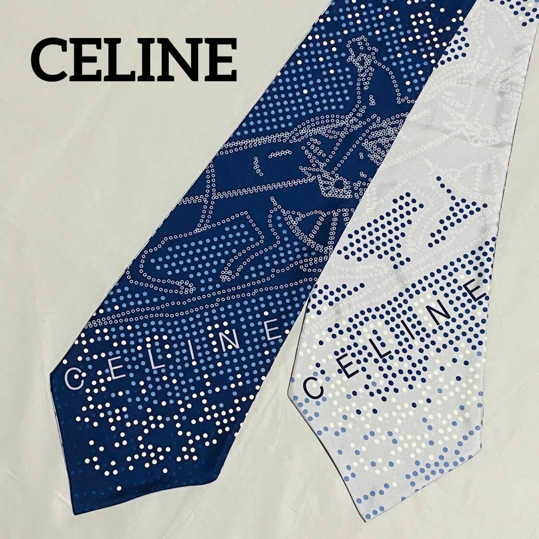 MercatoPecora美品 ★CELINE★ スカーフ ドット 馬車 両面 ネイビー ライトブルー