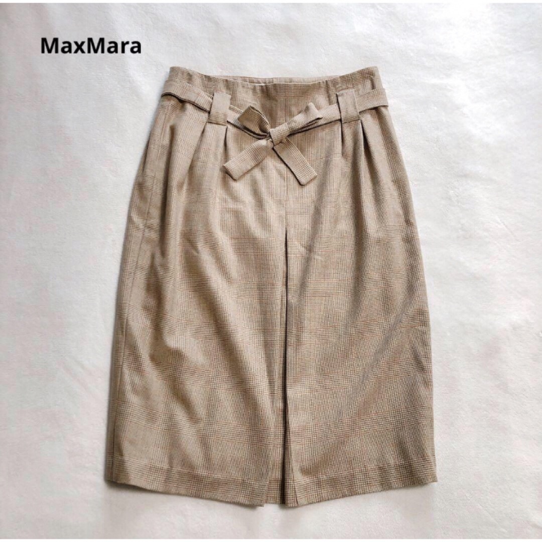 Max Mara(マックスマーラ)のMaxMaraマックスマーラ　ウール　チェック　ベルト　スカート　42 白タグ レディースのスカート(ひざ丈スカート)の商品写真