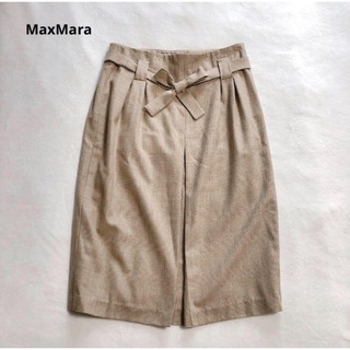 マックスマーラ(Max Mara)のMaxMaraマックスマーラ　ウール　チェック　ベルト　スカート　42 白タグ(ひざ丈スカート)
