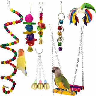 インコ おもちゃ 7点セット 鳥のおもちゃ ブランコ ロープ 鈴 止まり木 吊り(鳥)