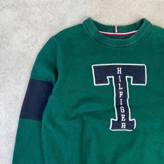 トミーヒルフィガー(TOMMY HILFIGER)のトミーヒルフィガー　デカロゴ　ニット　セーター　プルオーバー　古着　グリーン　S(ニット/セーター)