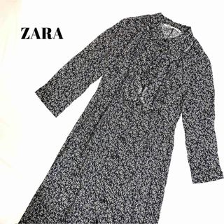 ザラ(ZARA)のZARA ボタニカル柄 七分袖 ロングワンピース ネイビー 小花柄(ロングワンピース/マキシワンピース)