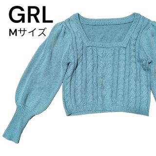 グレイル(GRL)のグレイルGRLセーターMサイズスクエアネックパフスリーブケーブル編み青色ブルー(ニット/セーター)