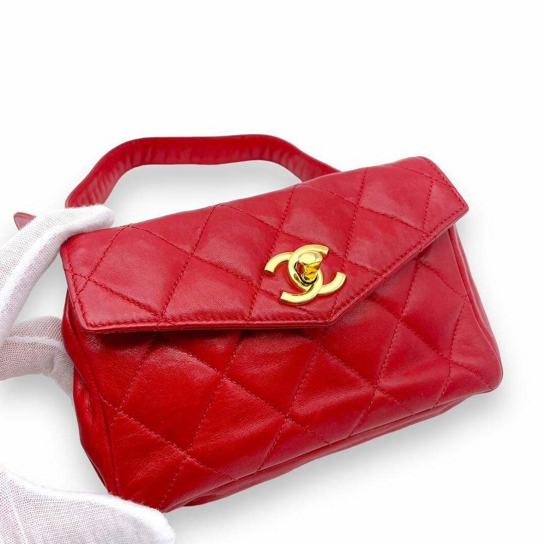 amabie_CHANEL買取店購入 CHANEL 巾着 バック　ポーチつき　赤　red ラムスキン