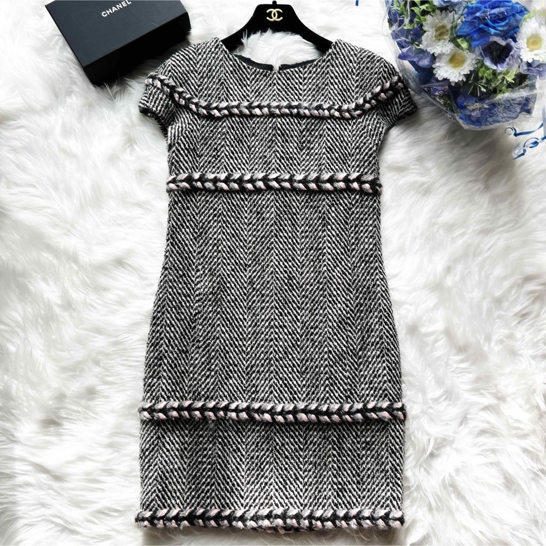 美品 CHANEL シャネル ツイード ブレード トリミング ワンピース ドレス 美品 CHANEL シャネル ツイード ブレード トリミング ワンピース ドレス