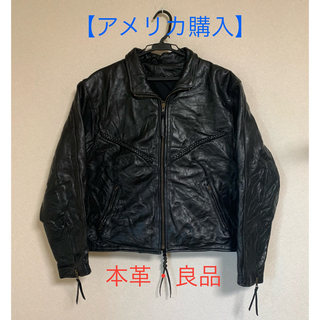 【アメリカ購入】ライダースジャケット 黒 本革 レザー M/L 良品(ライダースジャケット)