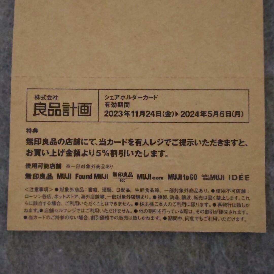 MUJI (無印良品)(ムジルシリョウヒン)の無印良品　株主優待　シェアホルダーカード チケットの優待券/割引券(ショッピング)の商品写真