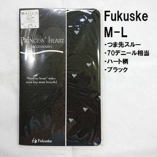 フクスケ(fukuske)のフクスケ / 福助 70デニール相当 つま先スルー ハート柄 タイツ　黒(タイツ/ストッキング)