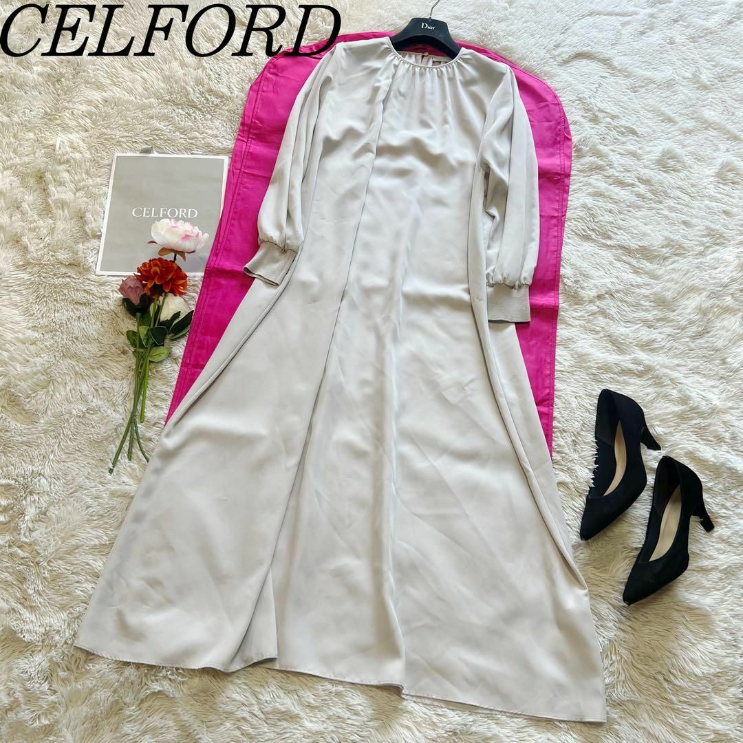 素材ポリエステルレーヨン【美品】CELFORD ロングワンピース グレー 38 長袖 シフォン