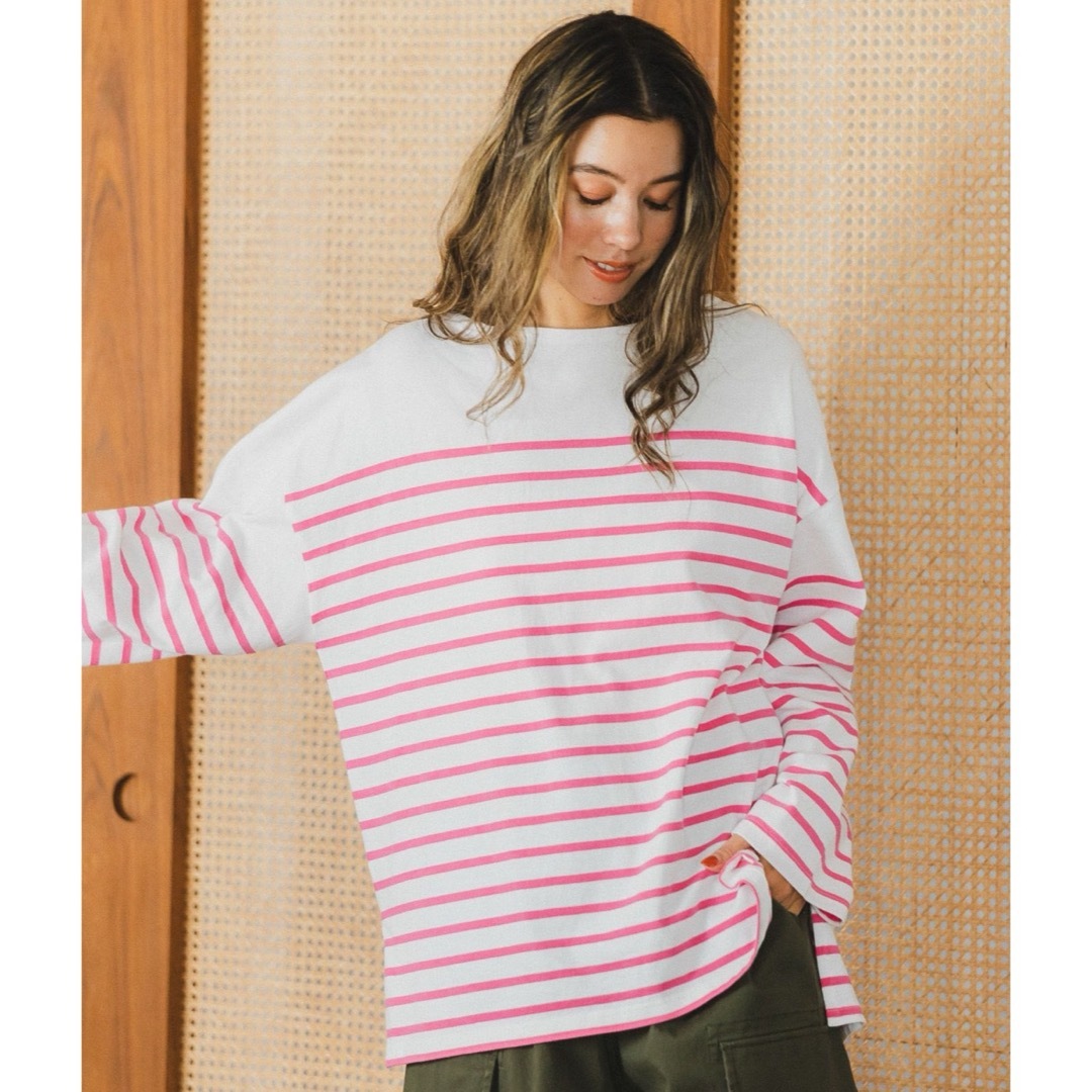 パネルボーダー ロングTシャツ ピンク メンズのトップス(Tシャツ/カットソー(七分/長袖))の商品写真