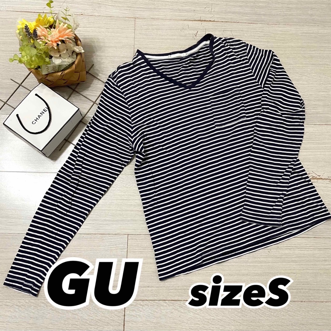 GU(ジーユー)のGU ジーユー メンズ Tシャツ カットソー 長袖 ボーダー柄シャツ Vネック メンズのトップス(Tシャツ/カットソー(七分/長袖))の商品写真