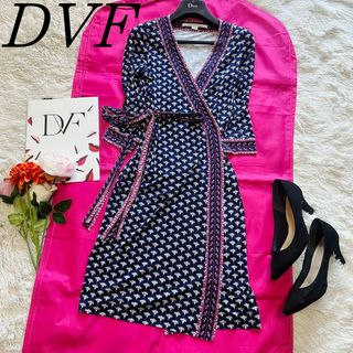 ダイアンフォンファステンバーグ(DIANE von FURSTENBERG)の【美品】DIANEvonFURSTENBERG 総柄ラップワンピース ネイビー0(ひざ丈ワンピース)