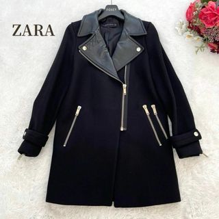 ザラ(ZARA)のZARA✨ライダースコート　ジャケット　ブラック　ラムレザー　ウール　切り替え(ロングコート)