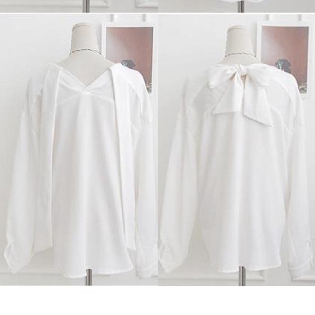 レディース　ブラウス　白　ホワイト　バックリボン Vネック 背中見せ シャツ S レディースのトップス(シャツ/ブラウス(長袖/七分))の商品写真