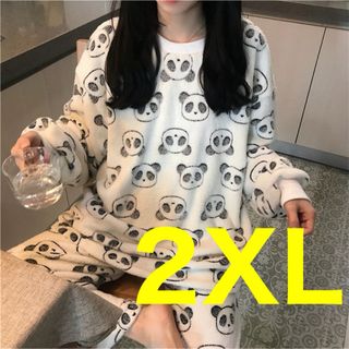 パジャマ もこもこ 長袖 ルームウェア 韓国 パンダ 総柄 白黒 2XL(ルームウェア)